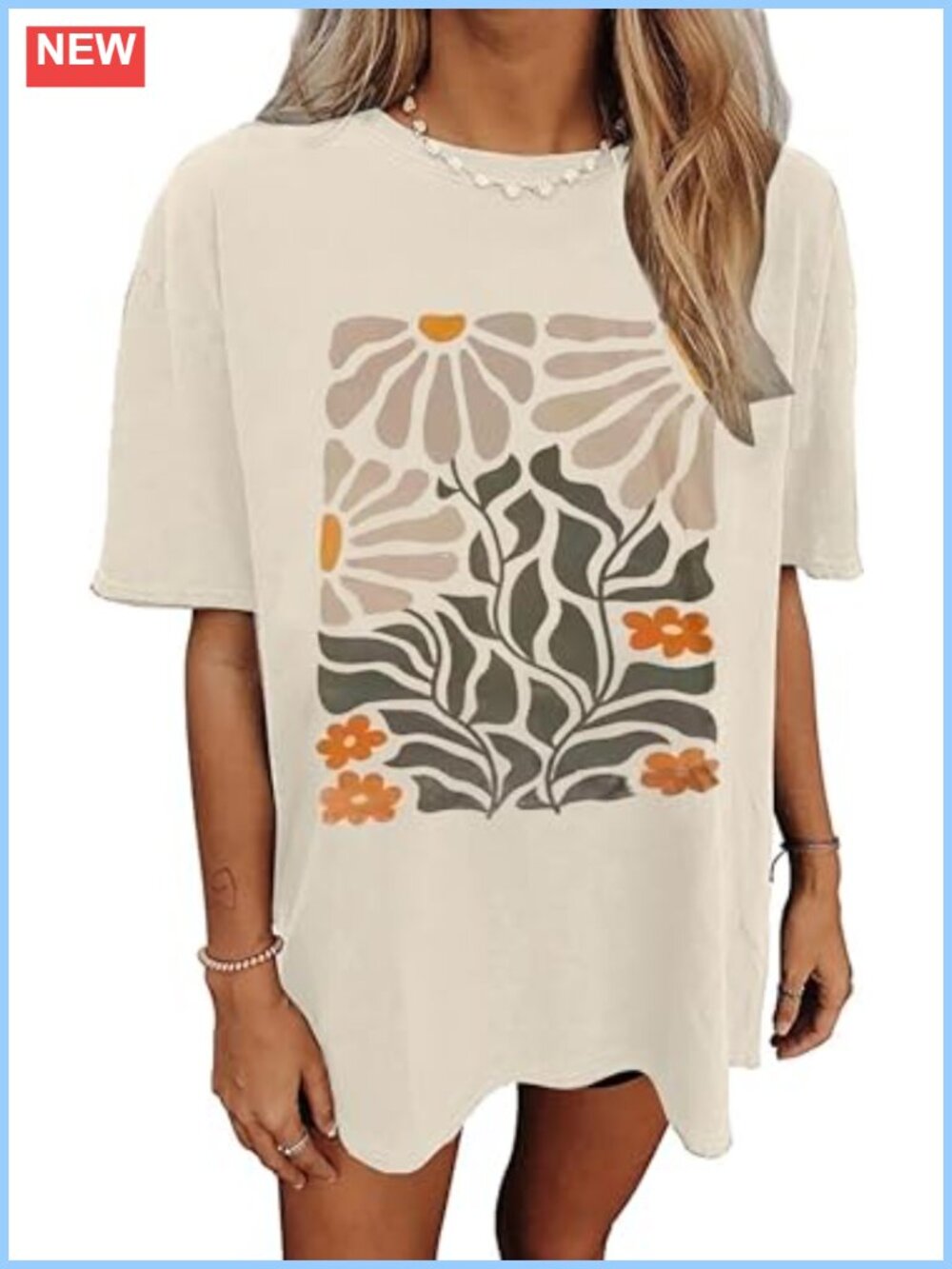 Oversized Flower Graphic Tee Cotton Blend Short Sleeve Summer Casual